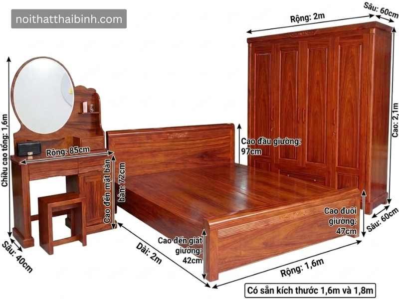 Kích thước Combo phòng ngủ gỗ tự nhiên