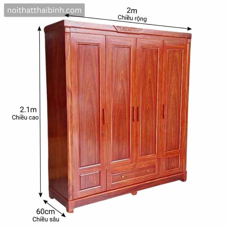 Tủ quần áo gỗ tự nhiên 4 cánh cao cấp Kích thước và chất liệu chi tiết tủ quần áo gỗ vân cẩm