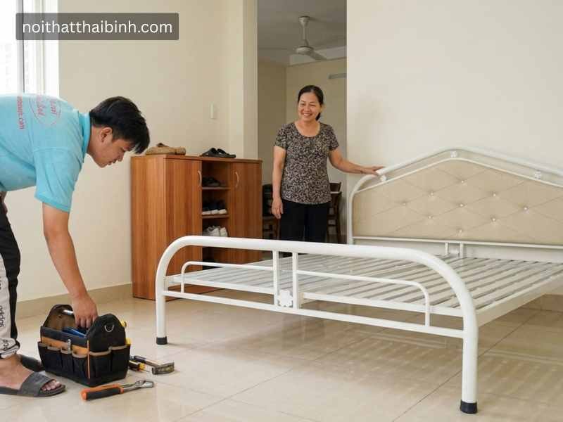 Giường sắt sơn tỉnh điện cao cấp Thợ ráp giường sắt sơn tỉnh điện tại nhà Chị Ngọc Hân (Quận 7, TPHCM)