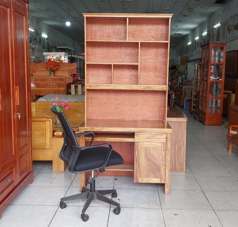 Bàn học liền kệ sách gỗ tự nhiên màu vân mộc