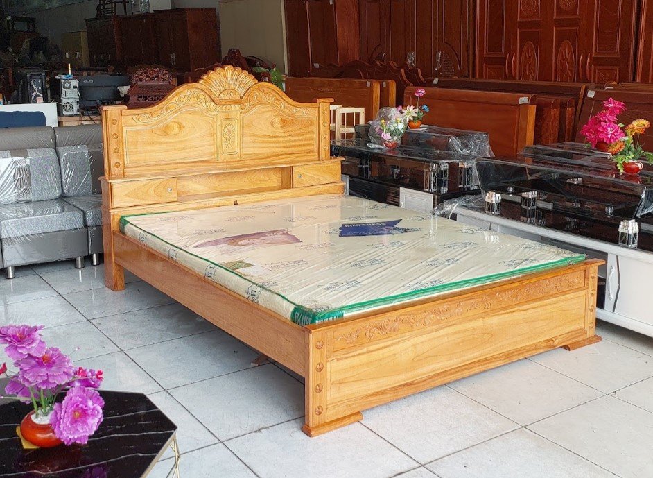 Giường ngủ gỗ gõ đỏ mẫu quạt MS 3097 Giường ngủ gỗ gõ đỏ mẫu quạt nguyên khối trong phòng ngủ