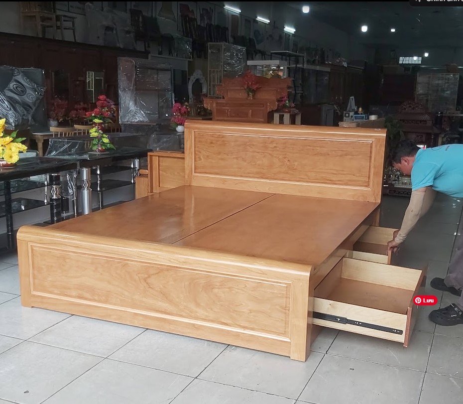 Không gian phòng ngủ hoàn thiện với giường gỗ tự nhiên