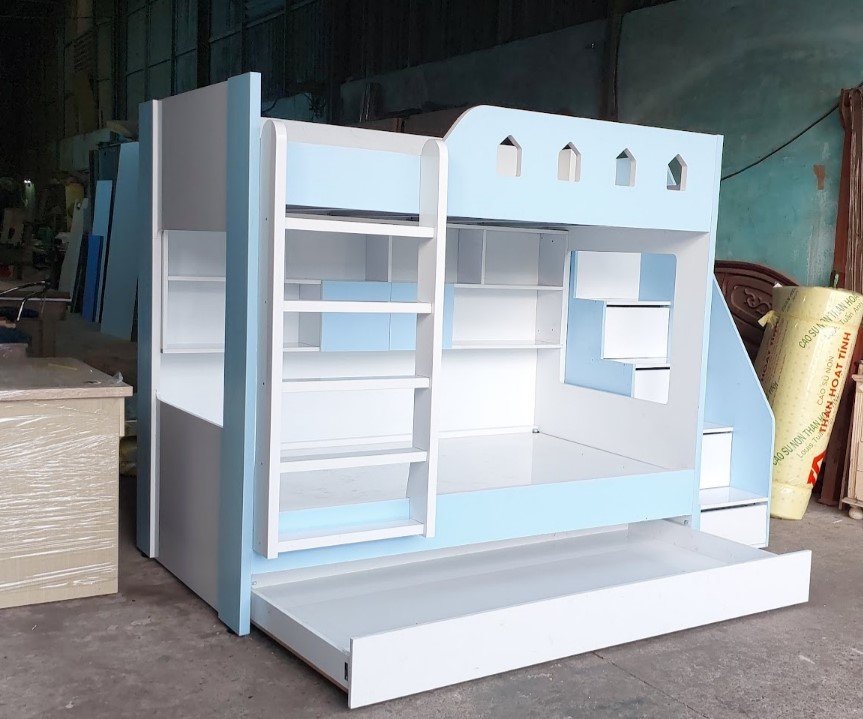 Giường tầng cho bé trai màu xanh kèm hộc kéo tiện dụng