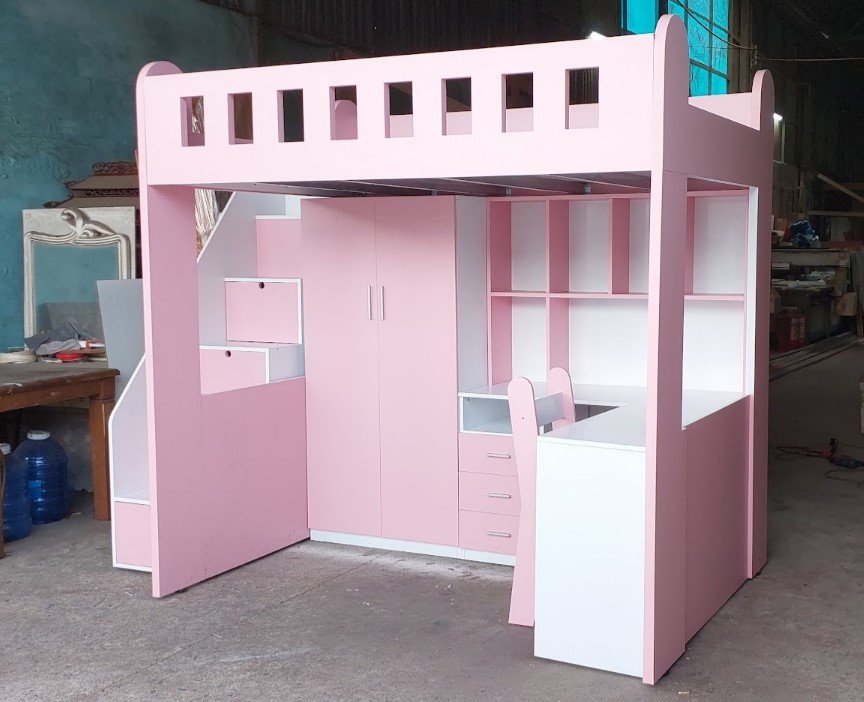 Chi tiết bậc thang giường tầng kết hợp tủ quần áo cho bé