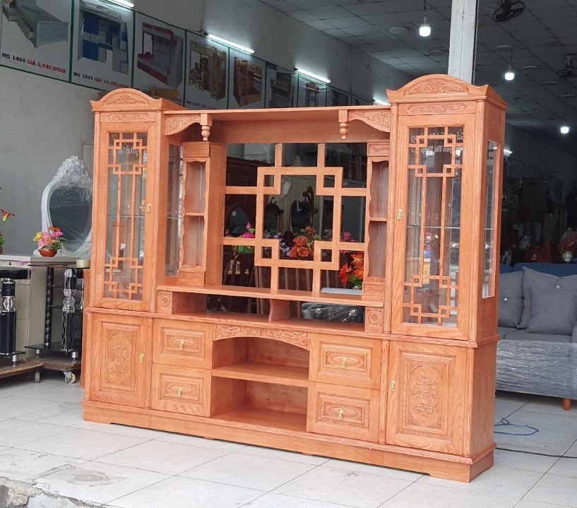 Không gian phòng khách lắp đặt tủ kệ tivi liền tủ rượu