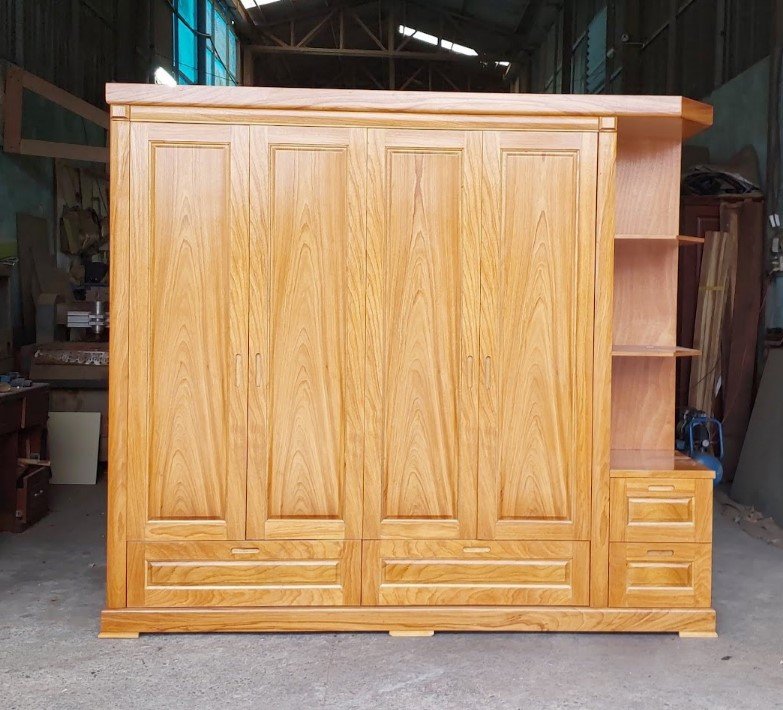 Nội thất phòng ngủ với tủ quần áo 4 cánh và kệ gỗ