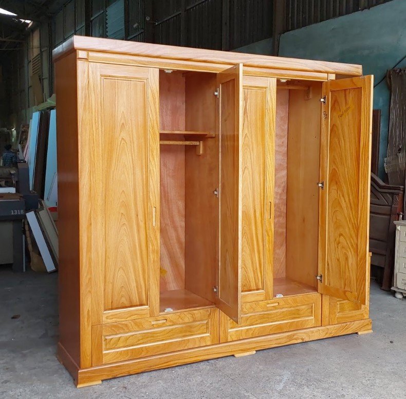 Tủ 4 cánh gỗ tự nhiên kèm kệ trang trí góc phòng