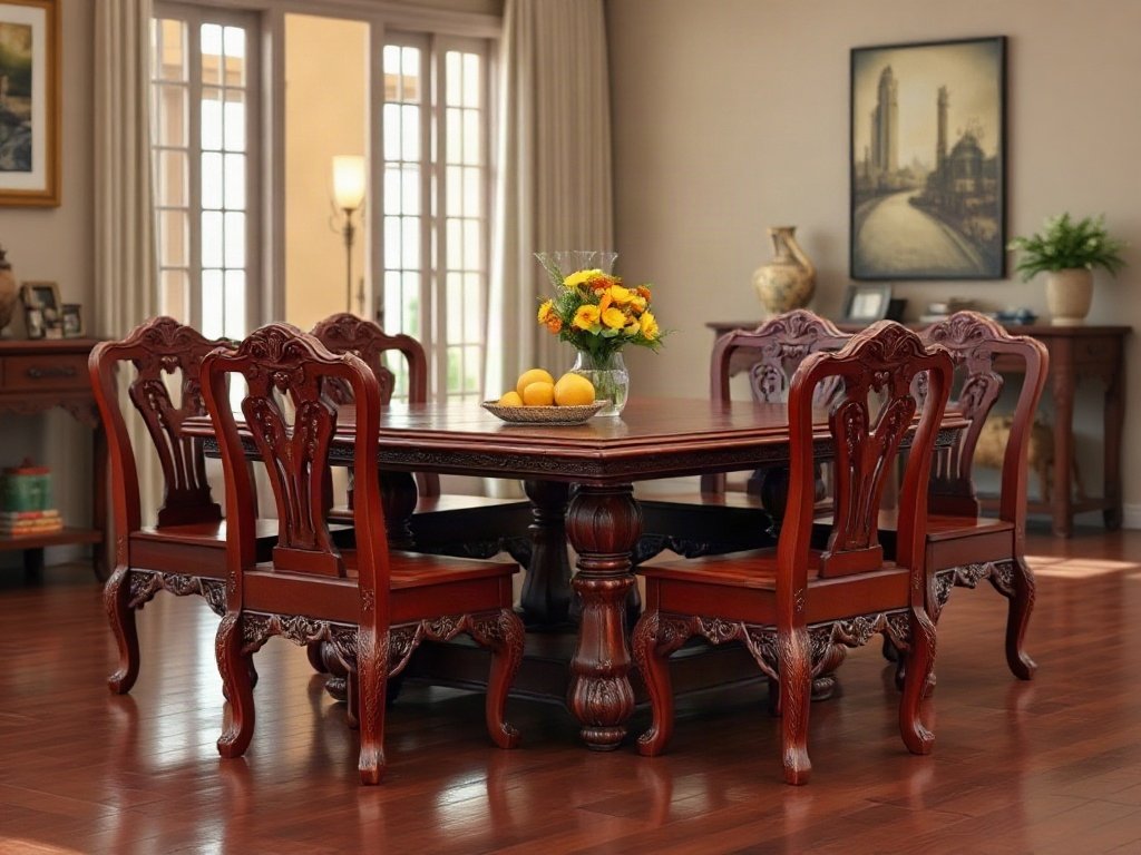 Bàn ăn 6 ghế tại quận 7 Bàn ăn 6 ghế chạm khắc cổ điển gỗ màu nâu đỏ