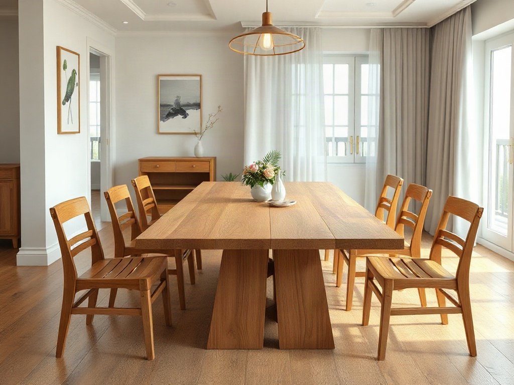 Nội thất đẹp Bàn ăn gỗ tự nhiên nguyên tấm cùng ghế gỗ trong phòng ăn sáng