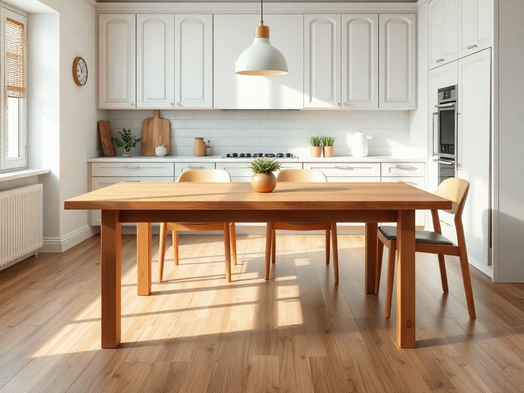 7 Cách Chọn Bàn Ăn Phù Hợp Cho Bếp Bàn ăn gỗ tự nhiên phong cách hiện đại tối giản trong bếp sáng màu