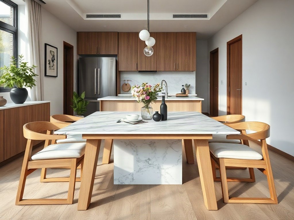 Bàn ăn thông minh mặt đá sang trọng cho căn bếp hiện đại Bàn ăn thông minh mặt đá nhập khẩu đặt trong bếp căn hộ hiện đại