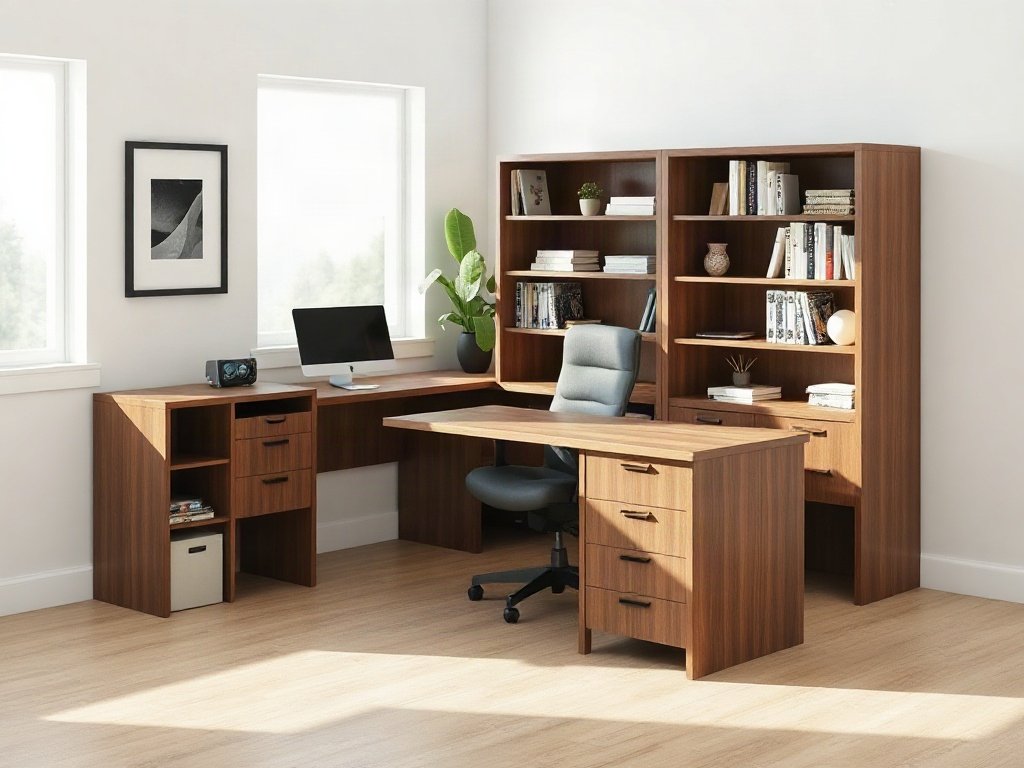 Bàn giám đốc chữ L màu gỗ óc chó đặt góc phòng làm việc
