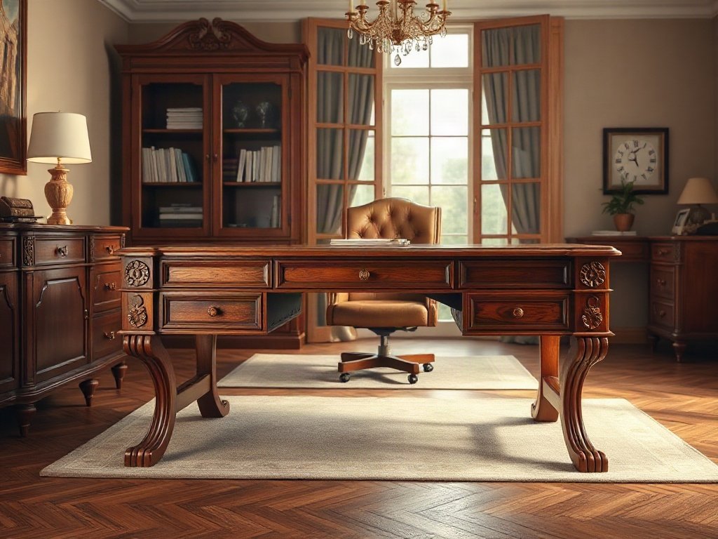Bàn giám đốc gỗ tự nhiên chân tiện hoàn thiện sơn PU phong cách cổ điển