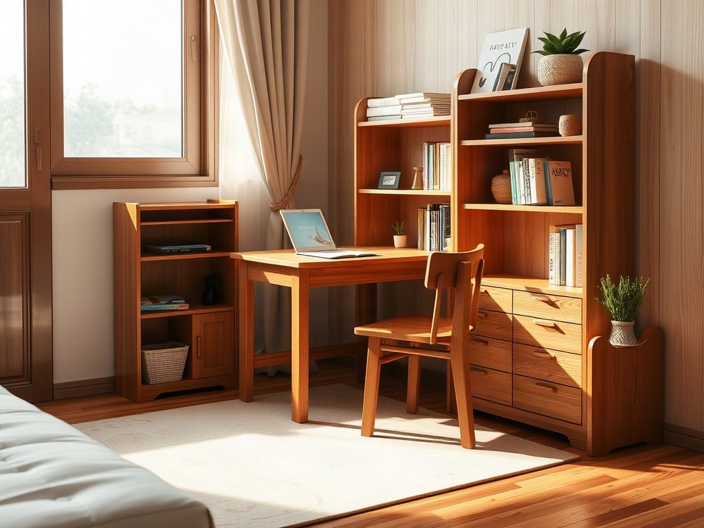 Bàn học và kệ sách gỗ tự nhiên đặt trong phòng ngủ trẻ em
