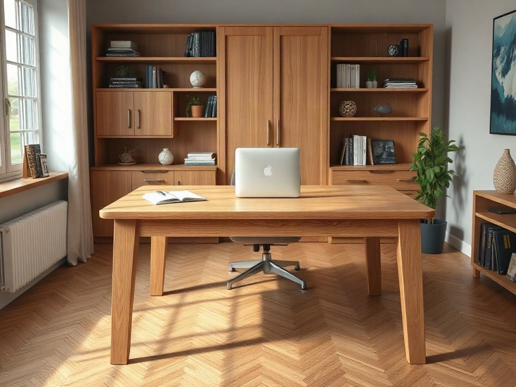 Bàn làm việc cao cấp mặt gỗ sồi đánh bóng sáng bóng