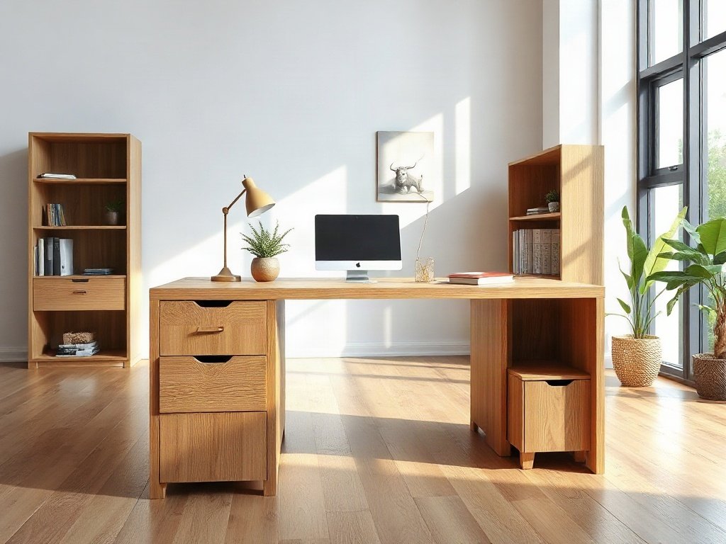 Bàn làm việc gỗ có ngăn kéo đặt trong phòng làm việc sáng