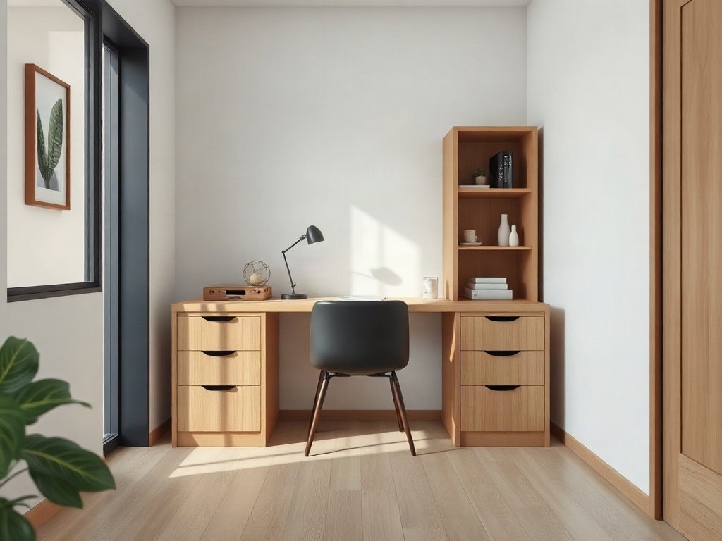 Bàn làm việc gỗ tự nhiên có hộc tủ đặt trong căn hộ nhỏ
