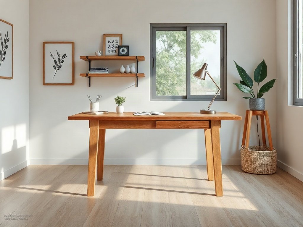 Bàn làm việc gỗ tự nhiên đặt trong không gian nhà ở hiện đại