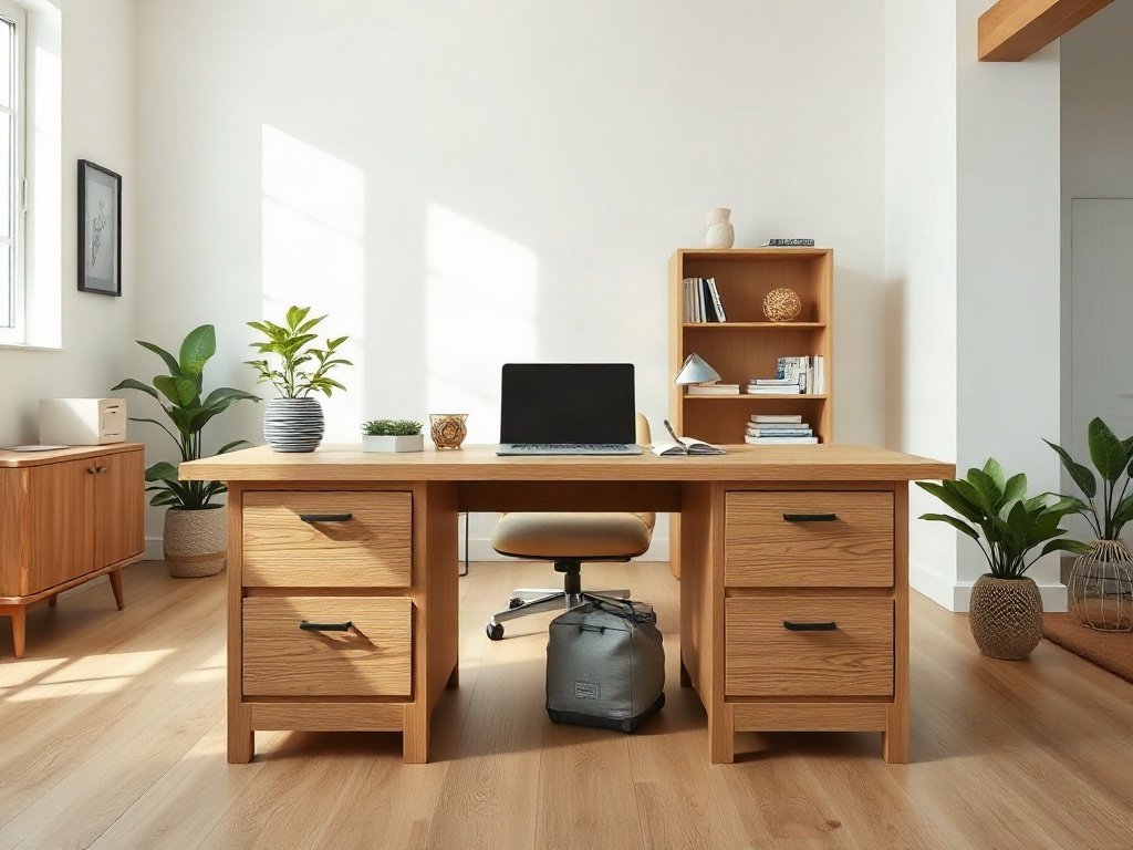 Bàn làm việc gỗ tự nhiên nguyên khối đặt trong phòng làm việc hiện đại