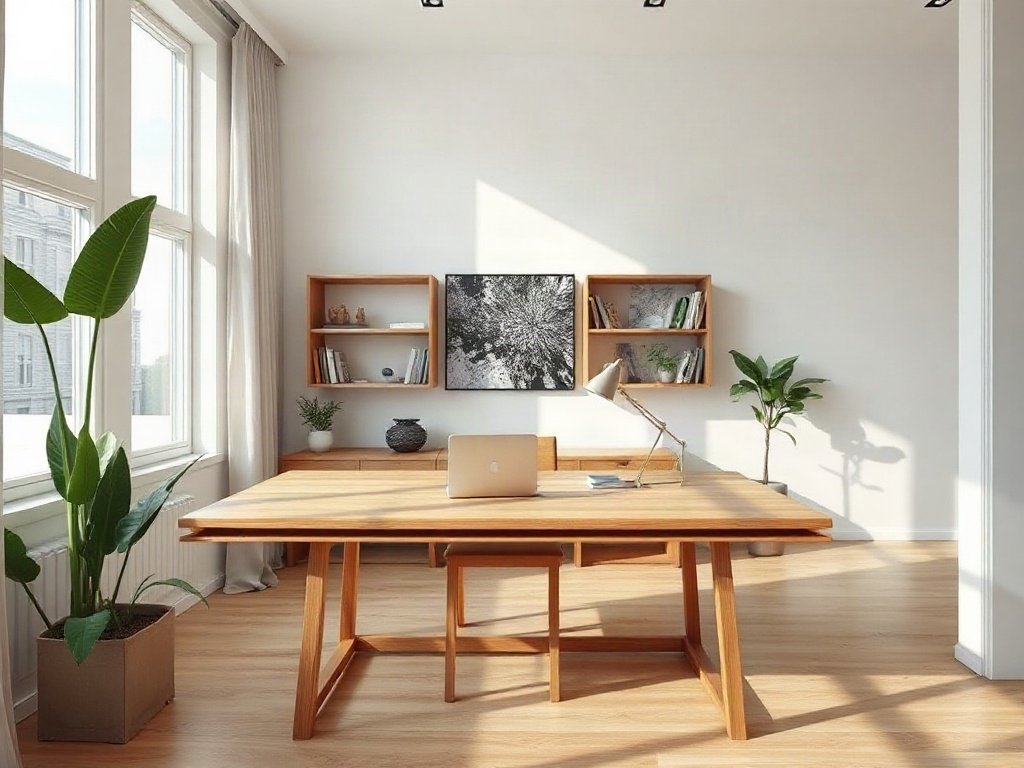 Bàn làm việc tối giản đặt trong không gian mở đầy ánh sáng