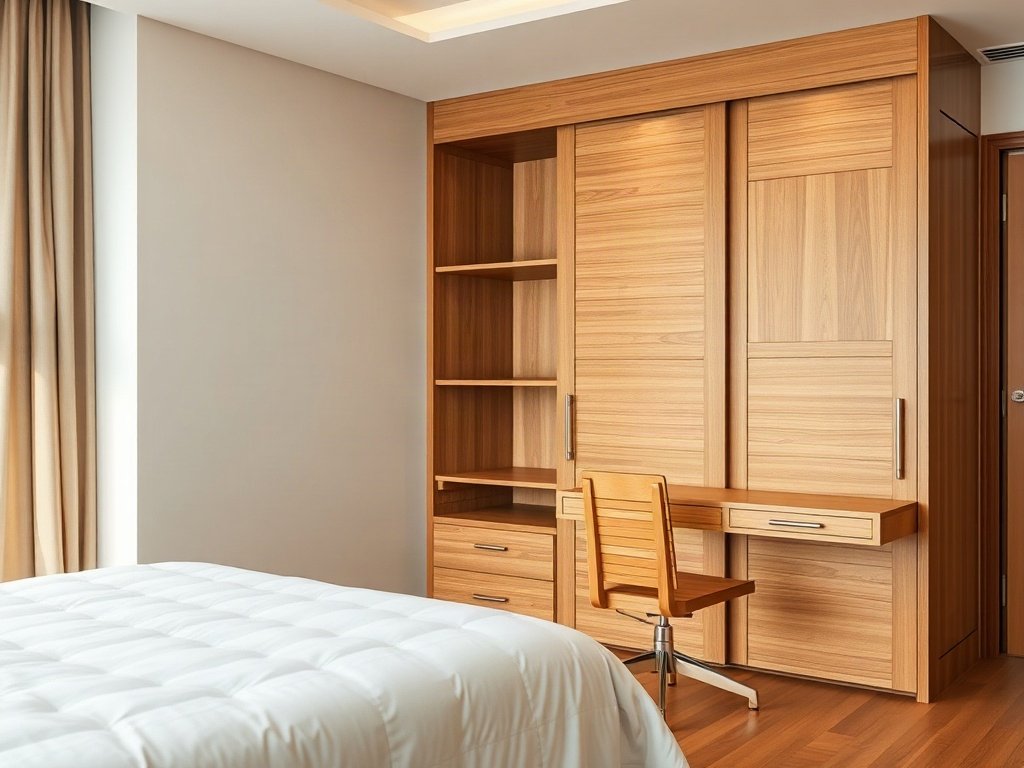 Tủ quần áo cửa lùa tại TPHCM đẹp sang Bàn làm việc văn phòng và ghế gỗ đặt cạnh tủ quần áo cửa lùa
