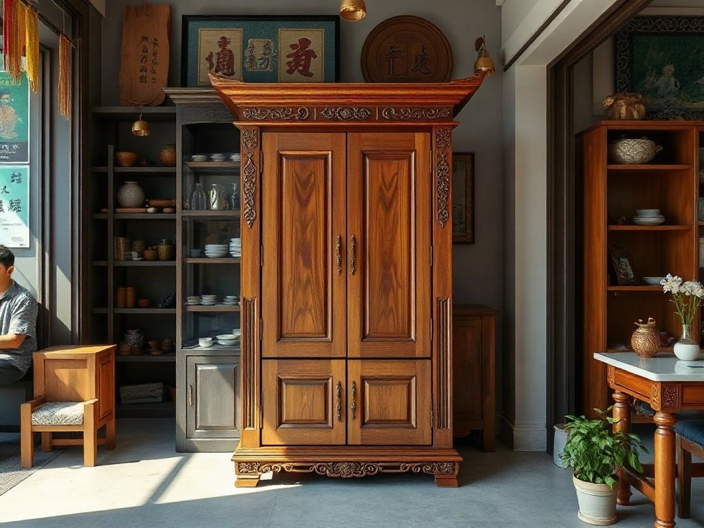 Bàn thờ ông địa thần tài dạng tủ kín chạm khắc gỗ tự nhiên