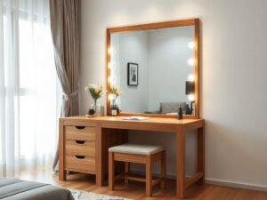 Bàn trang điểm chuyên nghiệp gỗ sồi tự nhiên với gương đèn led tích hợp
