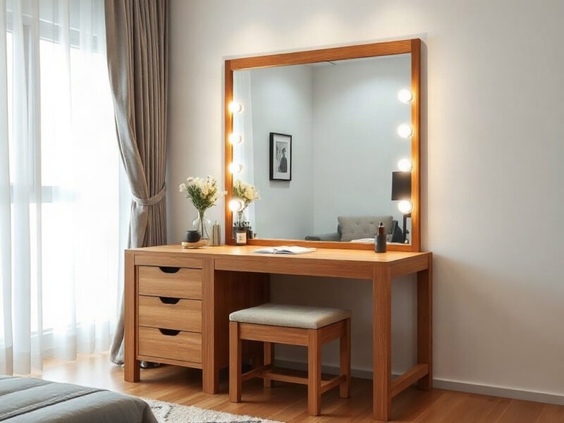 Bàn trang điểm chuyên nghiệp gỗ sồi tự nhiên với gương đèn led tích hợp