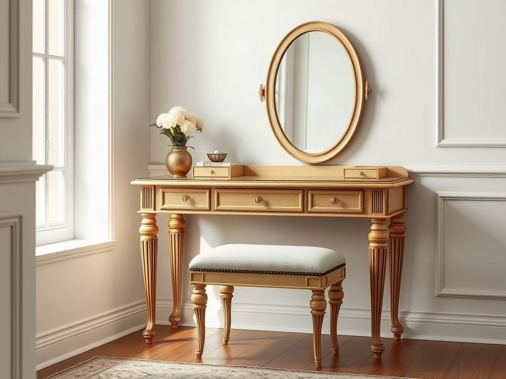 Bàn trang điểm gỗ phong cách tân cổ điển kèm ghế đệm êm