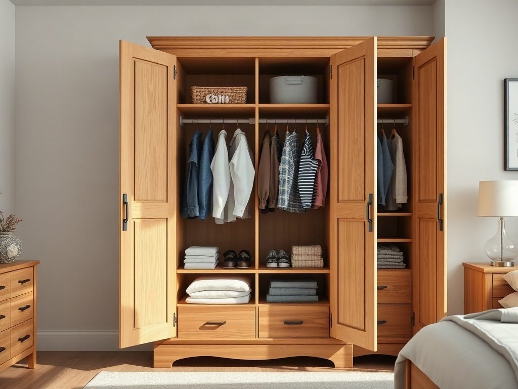 Mẫu tủ áo tại TPHCM đa dạng phong cách Bên trong tủ áo gỗ tự nhiên với ngăn kệ sắp xếp quần áo gọn gàng