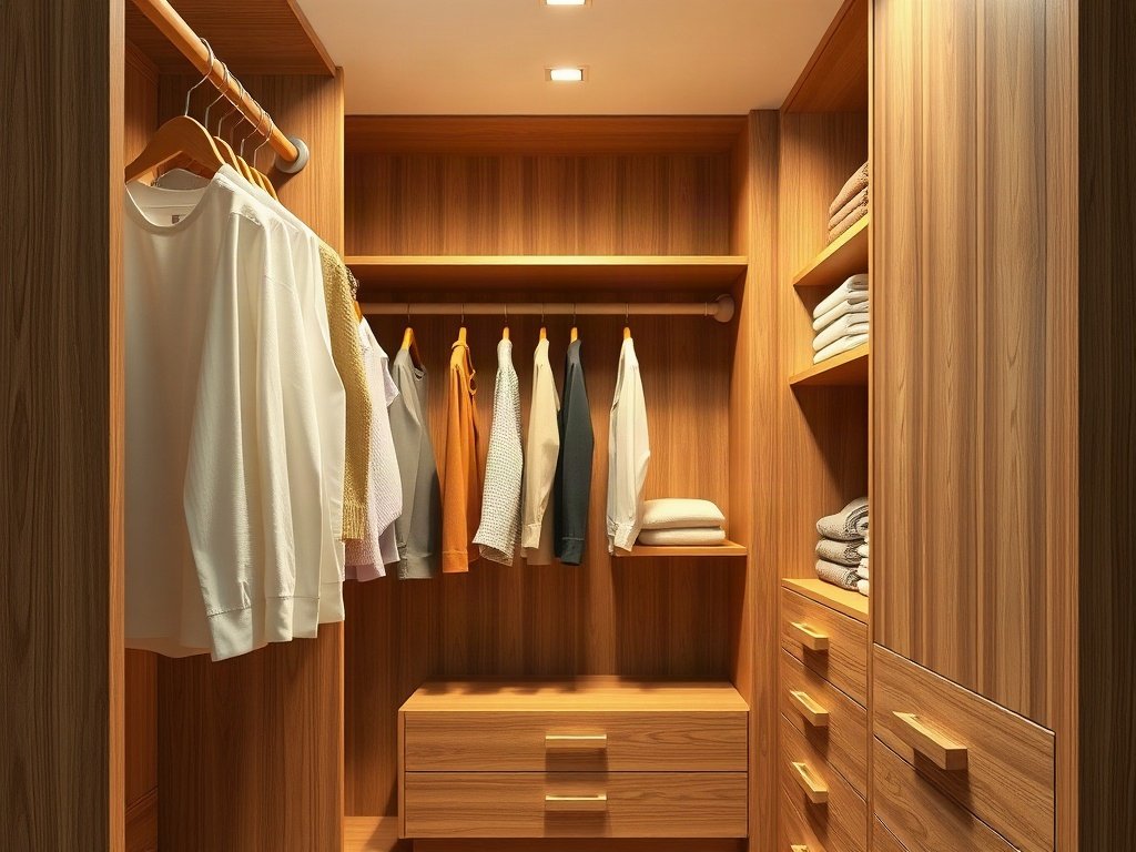 Nơi bán tủ quần áo hiện đại giá rẻ Bên trong tủ quần áo với ngăn kéo và thanh treo đồ bằng gỗ