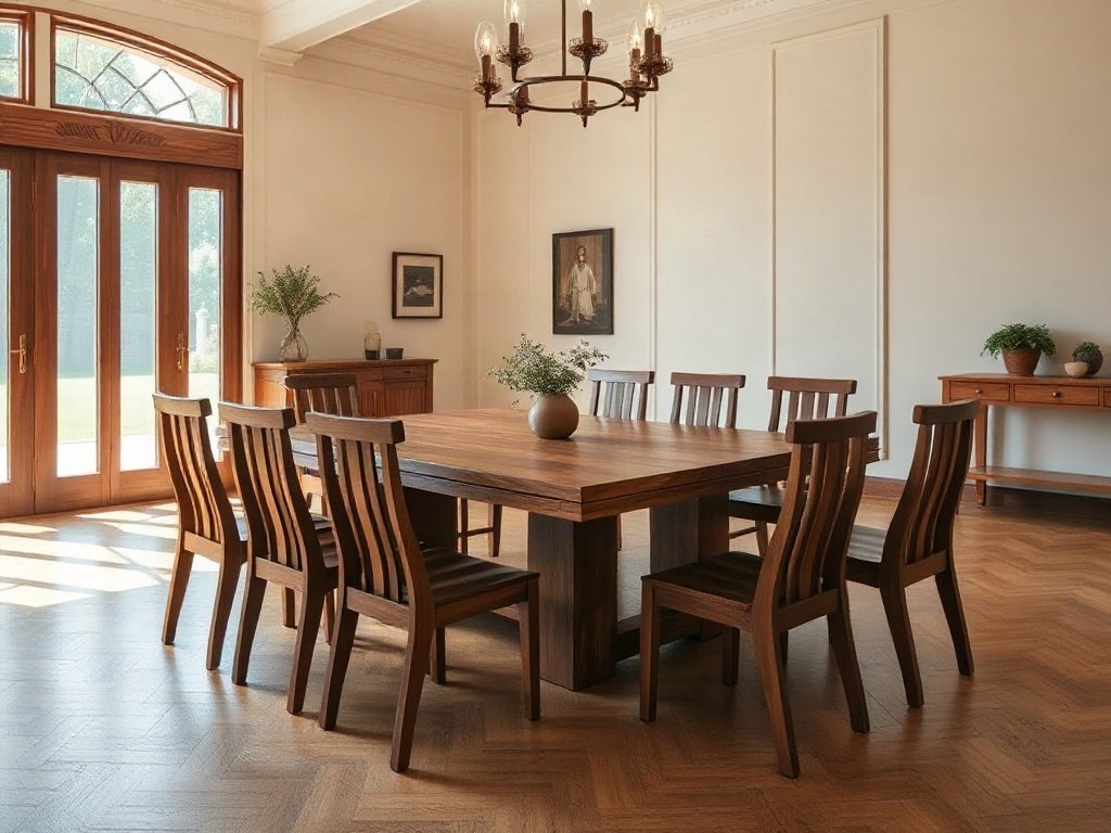 Bộ bàn ăn 8 ghế gỗ cẩm xe và gõ đỏ trong sảnh lớn