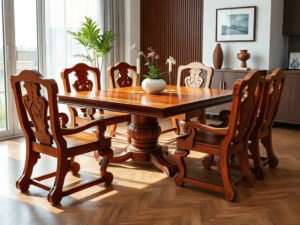 Bộ bàn ăn tại quận 7 gỗ gõ đỏ chân sư tử sang trọng