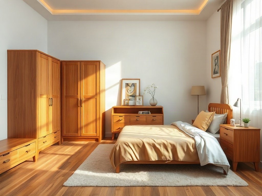 Nội thất đẹp Bộ giường tủ gỗ tự nhiên bố trí trong phòng ngủ chung cư ấm cúng