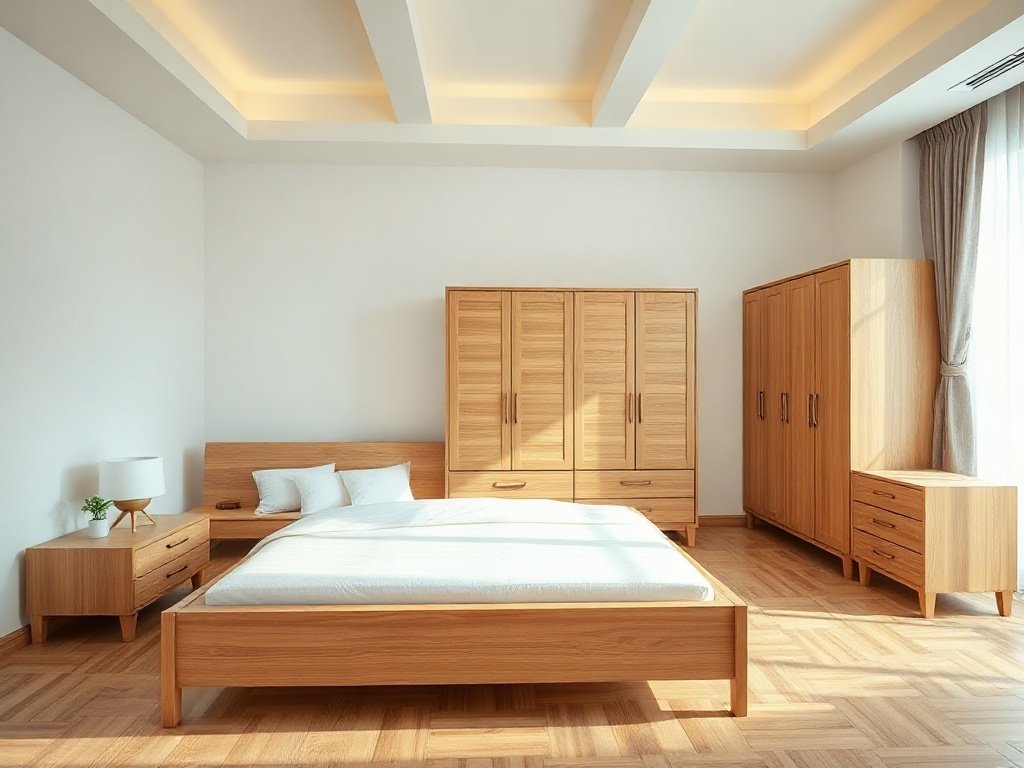 Bộ giường tủ gỗ tự nhiên trong phòng ngủ căn hộ hiện đại tại tphcm