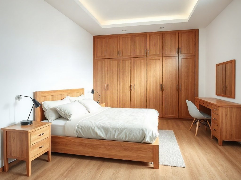 Bộ giường tủ gỗ tự nhiên vân sồi đặt trong phòng ngủ căn hộ