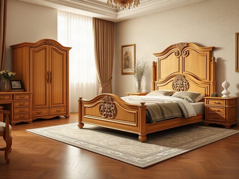 Bộ nội thất phòng ngủ tân cổ điển giá rẻ gồm giường và tủ áo gỗ tự nhiên