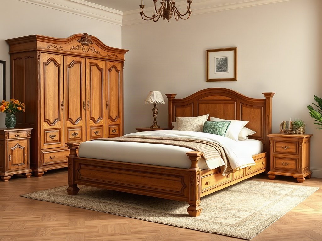 Bộ nội thất phòng ngủ tân cổ điển giá rẻ với hoa văn chạm khắc đơn giản