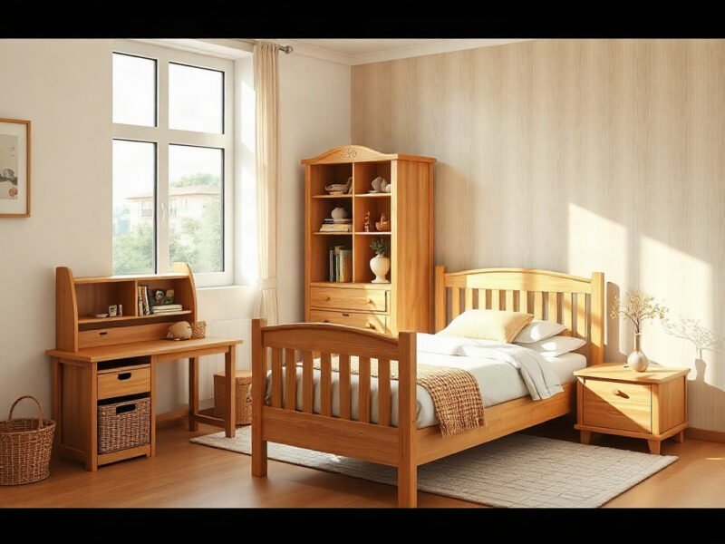 Bộ nội thất trẻ em gỗ tự nhiên gồm giường bàn học và kệ sách