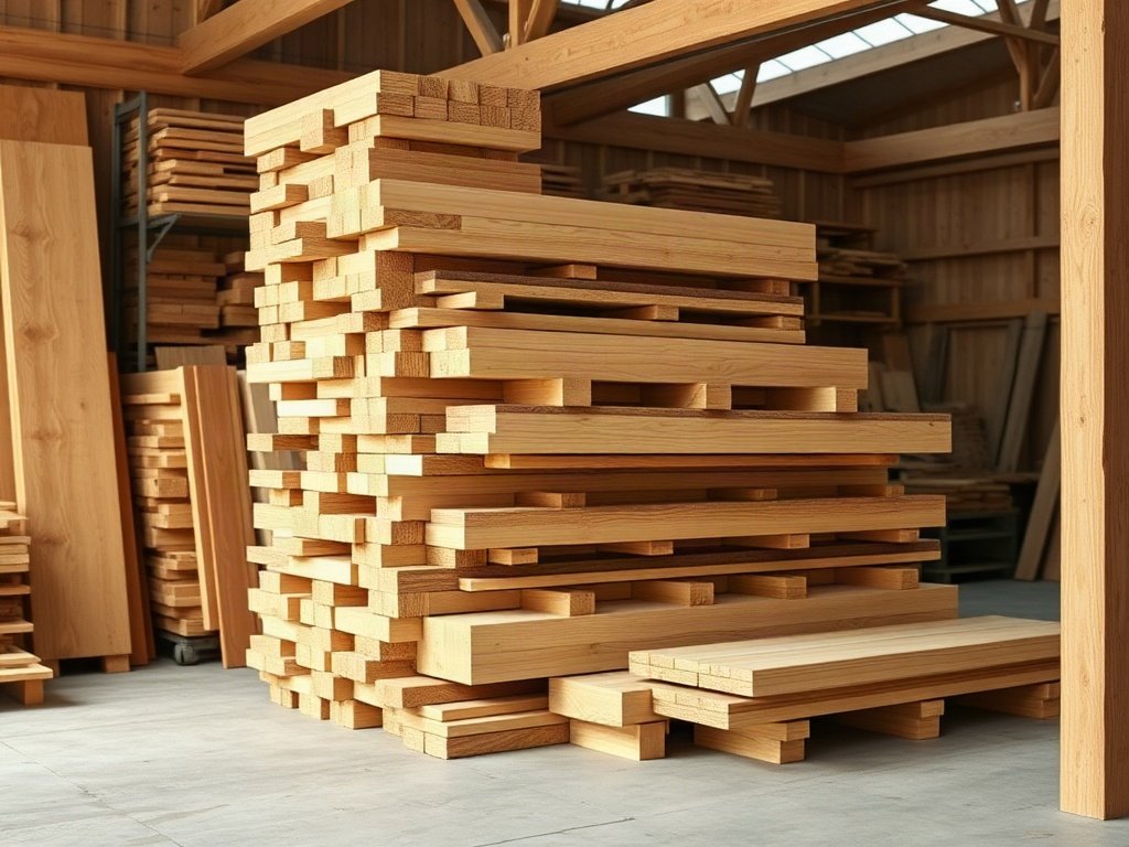 Các loại gỗ nguyên tấm xếp trong xưởng mộc để đóng bàn ăn