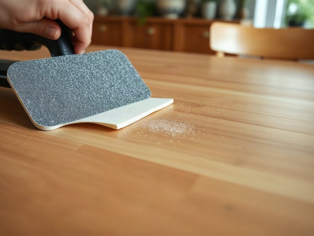 5 mẹo làm mới bàn ăn gỗ không tốn kém mà hiệu quả bất ngờ Chà nhám nhẹ xử lý vết trầy xước trên bàn ăn gỗ