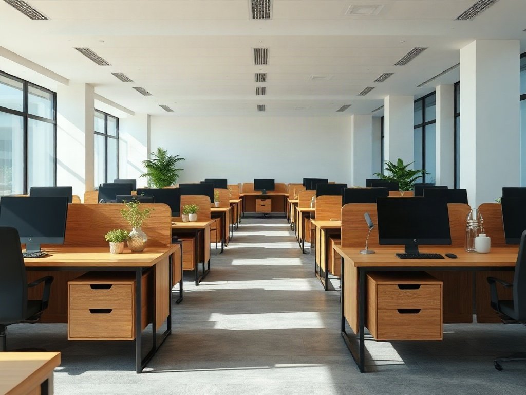 Dãy bàn làm việc gỗ tự nhiên bố trí trong văn phòng mở