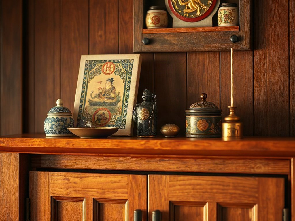 Đồ thờ cúng bày trí trên tủ thờ gỗ