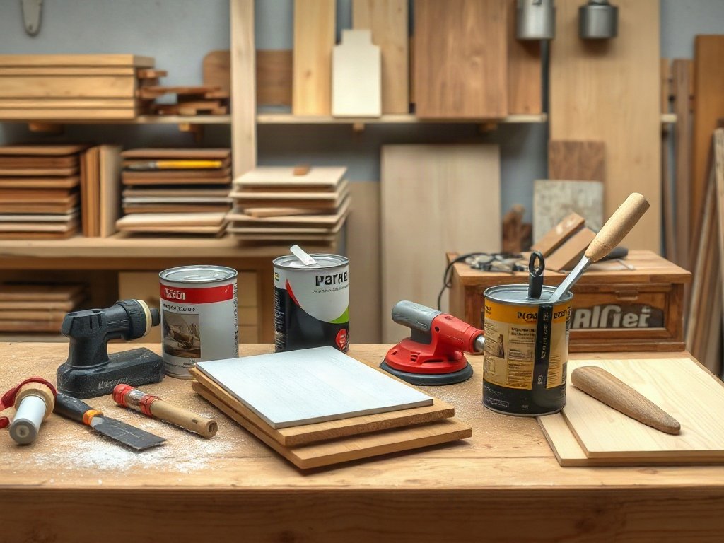 Dụng cụ và vật liệu chuẩn bị làm mới tủ rượu tại xưởng gỗ
