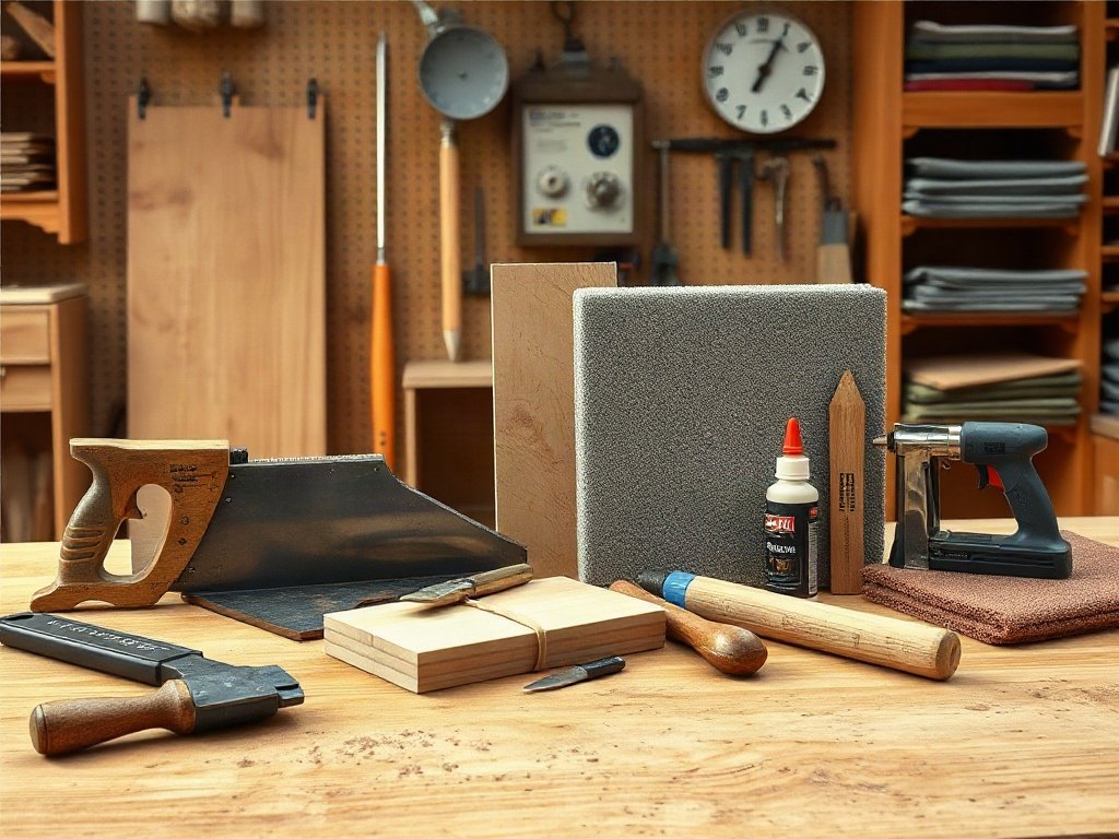 Dụng cụ vật liệu chuẩn bị cải tạo ghế bố gỗ