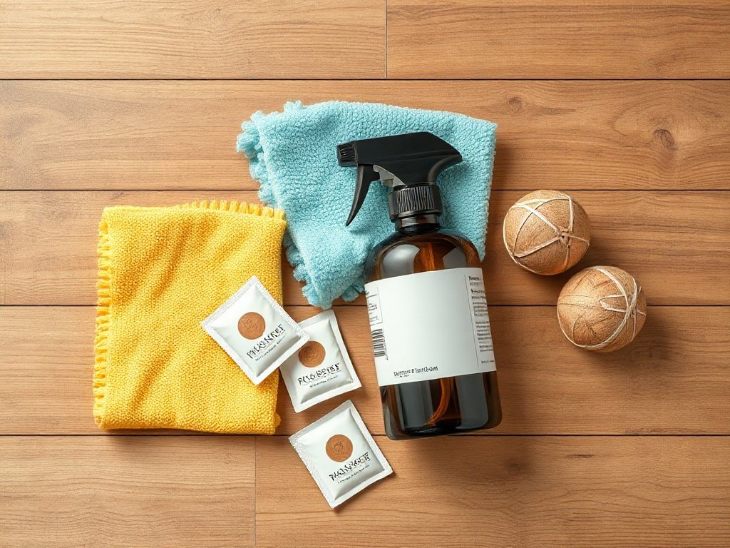 7 Bước Vệ Sinh Tủ Quần Áo Sạch Sẽ Thơm Tho Tại Nhà Dụng cụ vệ sinh tủ quần áo gồm khăn và dung dịch lau gỗ