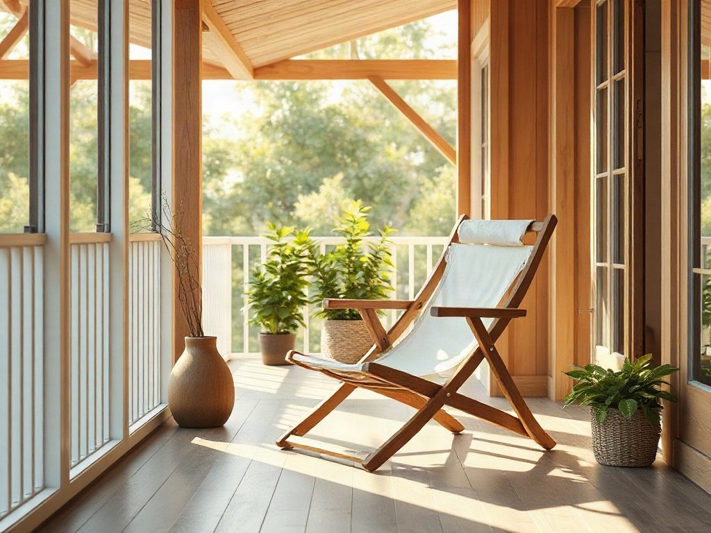 Ghế bố đẹp khung gỗ tự nhiên đặt ở ban công nhà phố