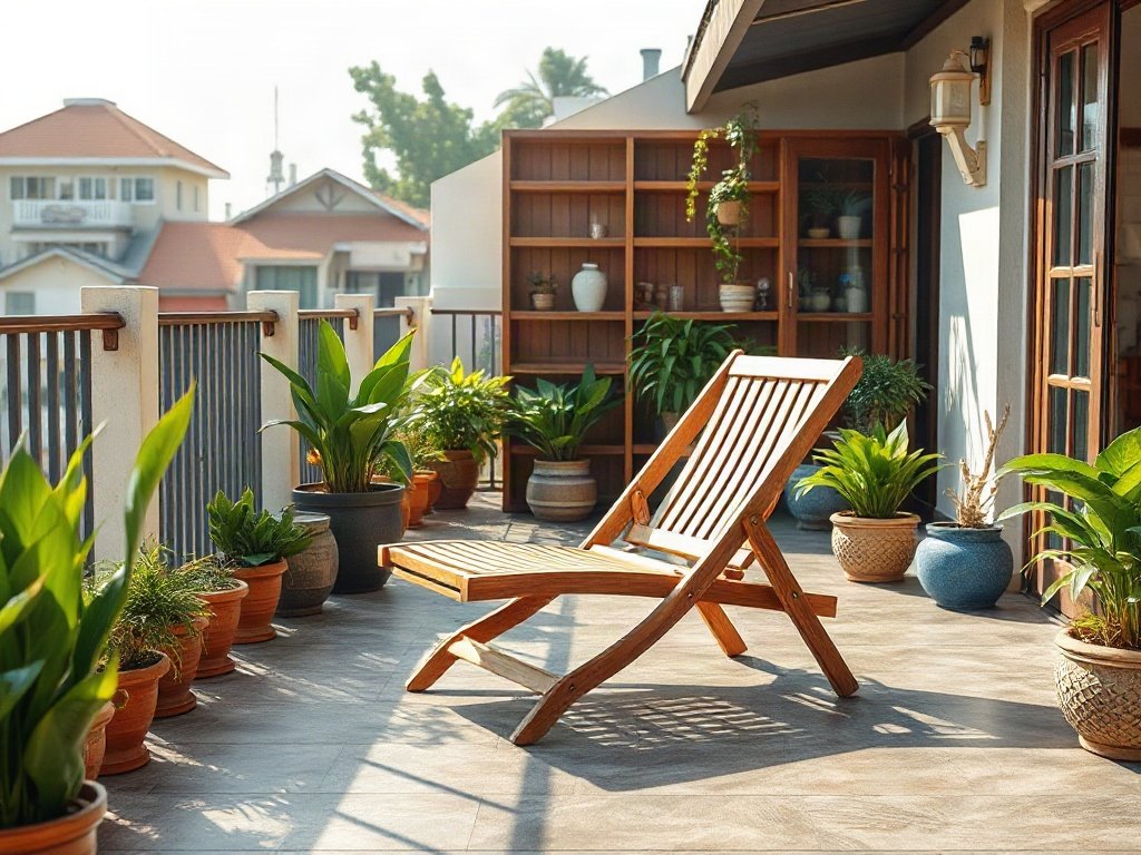 Ghế bố gỗ đặt sân thượng nhà vườn rộng rãi