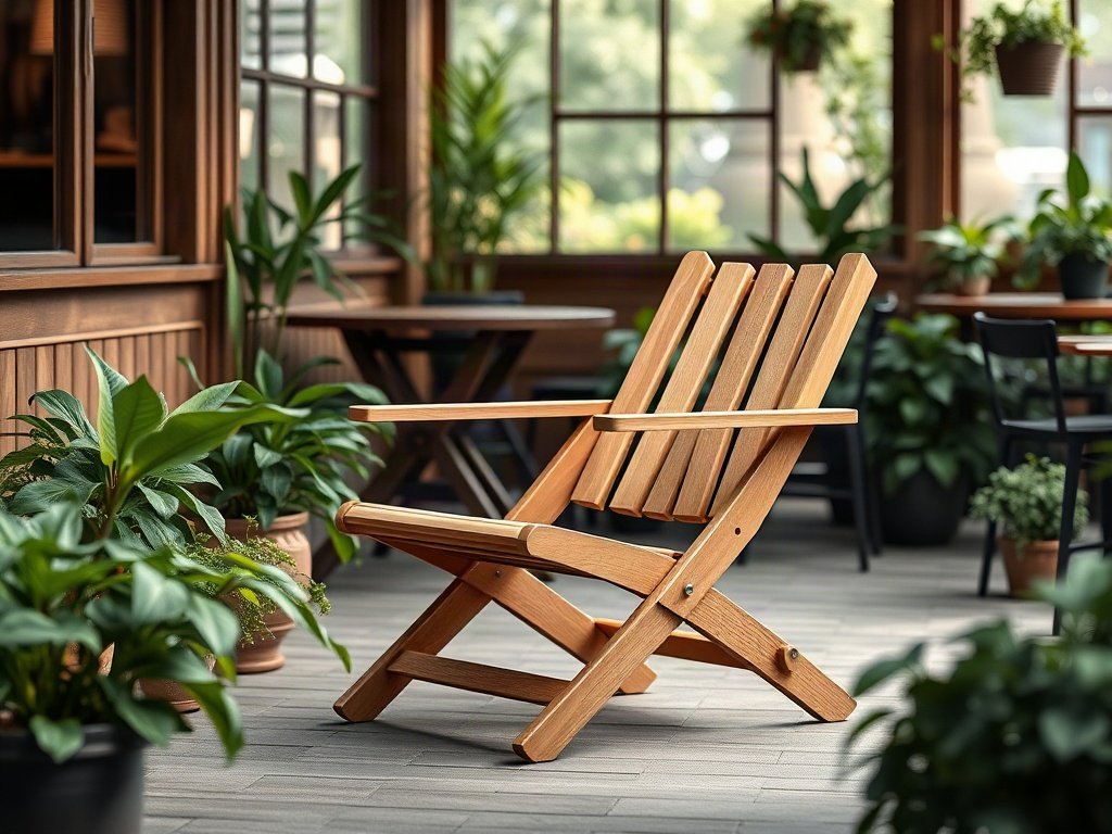 Ghế bố gỗ đặt trong không gian sân vườn quán cà phê