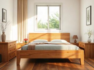 Giường gỗ công nghiệp tại Quận 7 đặt trong phòng ngủ hiện đại ánh sáng tự nhiên
